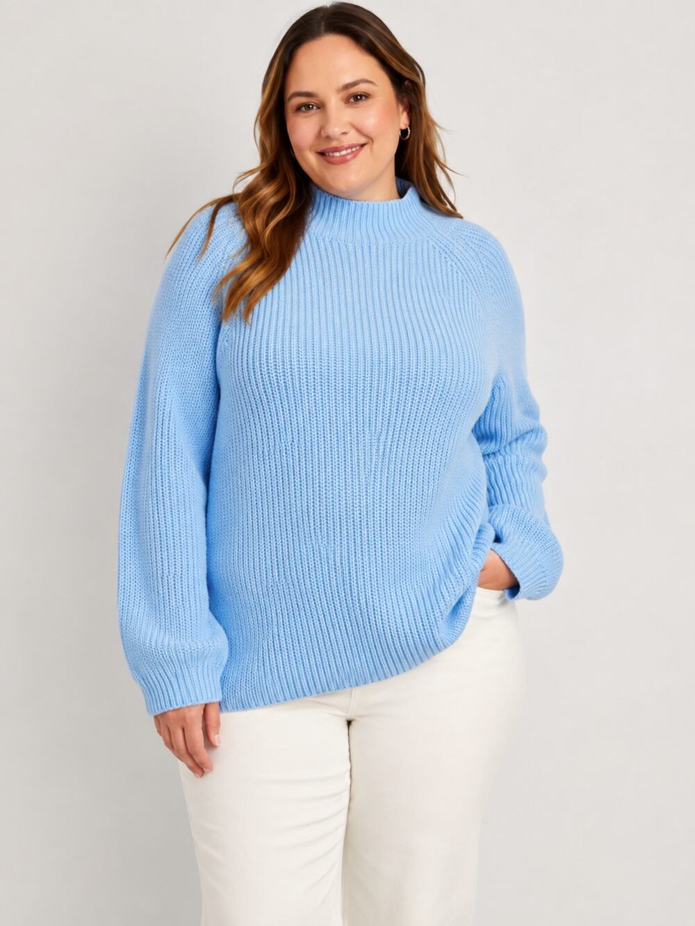 Lands' End SZ 1X Thick Knit Funnel Neck Sweater Sky Blue 100% Cotton
